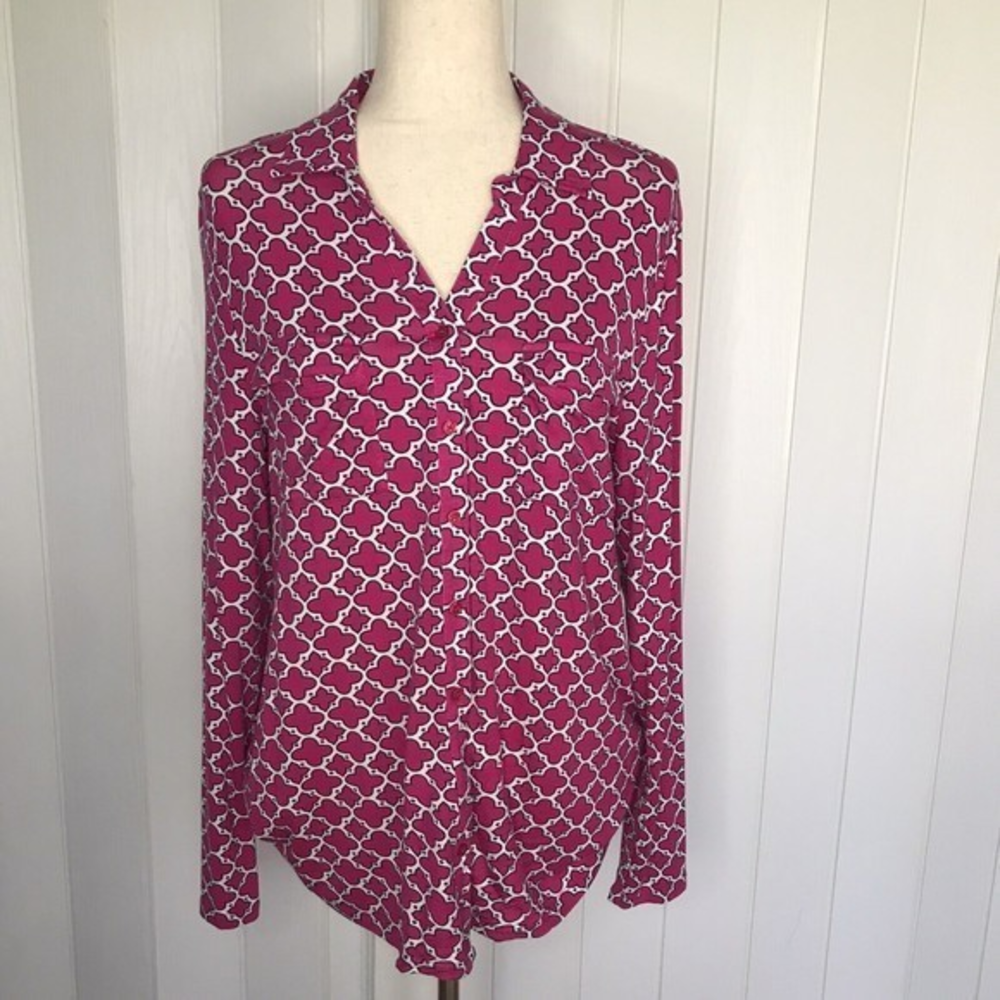 Kim Rogers Pink Fuchsia Stretchy Button Down Shirt Women's Sz M Collared Top NWT